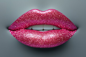 Glittering Pink Lips with White Teeth on Gray Background, Beauty and Glamour
