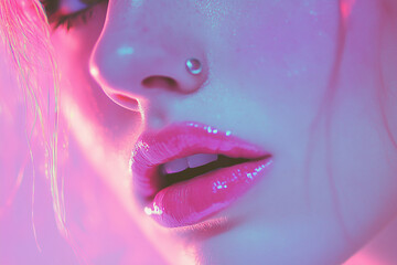Close-up of a woman's face with glossy pink lips and nose piercing in neon light.