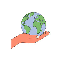 World in Hand: An illustrated world globe delicately rests on a gentle hand, embodying global care, sustainability, and environmental stewardship, set against a simple.