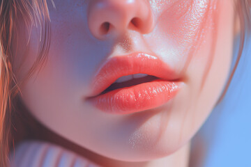 Close-up of Glossy Lips, Perfect Skin, and Delicate Facial Features