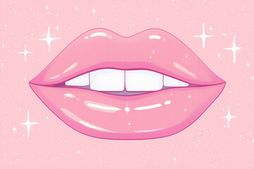 Pink Lips with White Teeth and Sparkles, Beauty Illustration for Fashion and Glamour