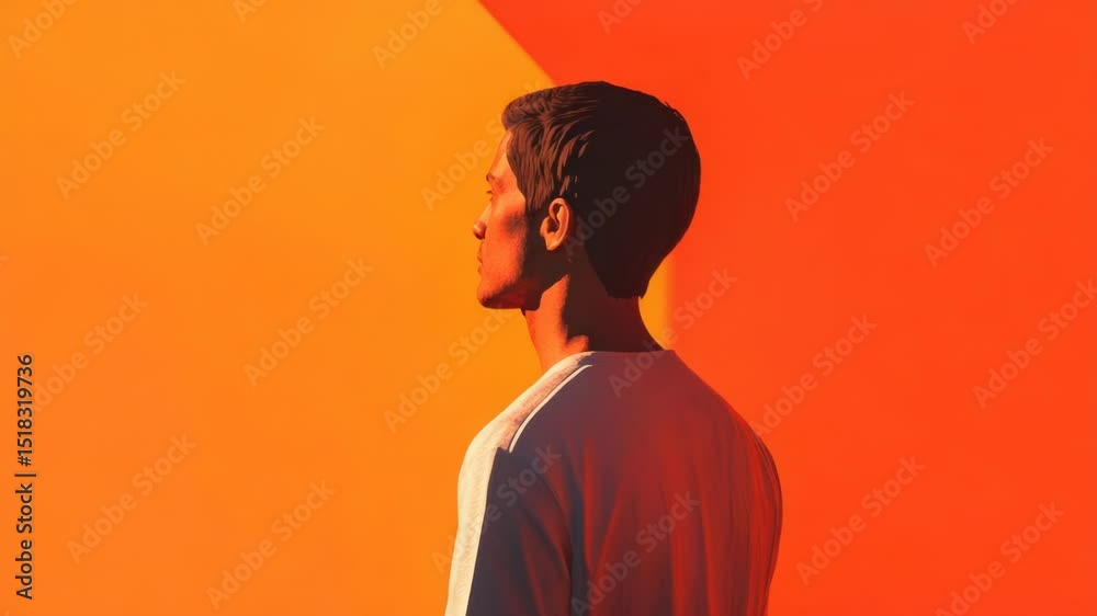 Aufkleber A person standing in front of a vibrant orange and yellow wall, perfect for use as a background or to add a pop of color to your design