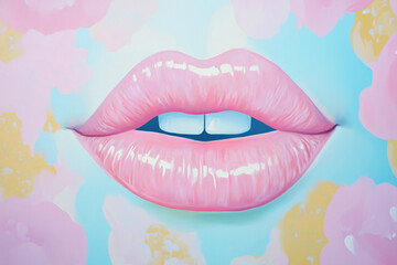Pink Lips with Glossy Shine on a Pastel Floral Background, Beauty Concept
