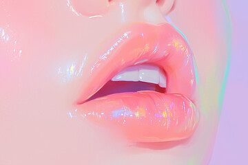 Glossy Pink Lips with Iridescent Highlights, Open Mouth, and White Teeth Close-Up