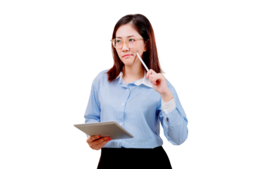 Asian young beautiful woman in glasses holds a tablet and pencil, appearing thoughtful and focused.