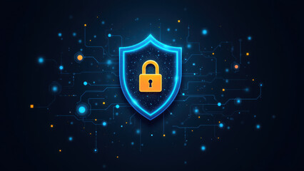 A digital graphic representing cyber security with a shield lock icon and glowing particles.