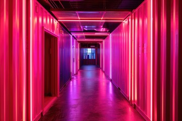 Clear Pixel Image of Neon Light Installation in a Row of Shipping Containers