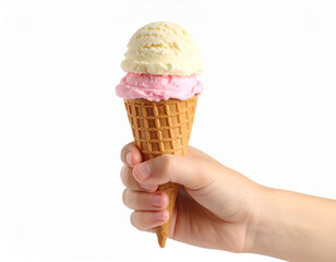 Una mano de niño con un delicioso cucurucho bolas de helado de sabores fresa y vainilla sobre fondo blanco