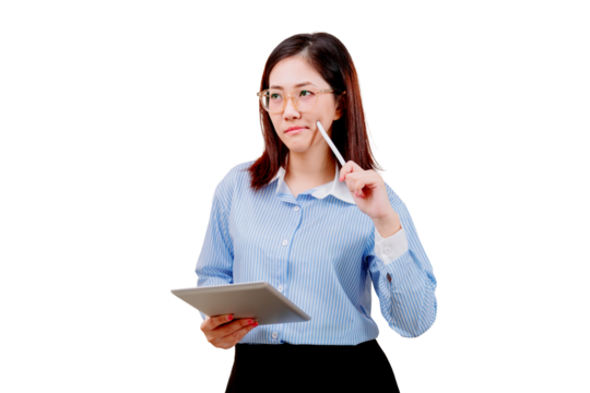 Asian young beautiful woman in glasses holds a tablet and pencil, appearing thoughtful and focused. - Powered by Adobe