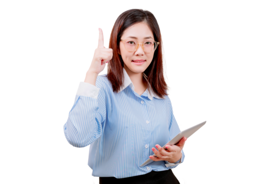 Asian young beautiful woman wearing glasses holds a tablet and raises her index finger, appearing to make a point or share an idea.