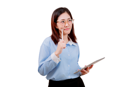 Asian young beautiful woman in glasses holds a tablet and pen, appearing thoughtful and focused.