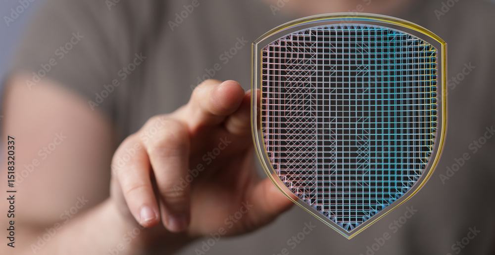 Poster Hand interacting with a digital shield, symbolizing online security and data protection.