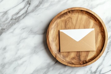 Marble Background with a Wooden Plate with a Brown Envelope and a White Blank