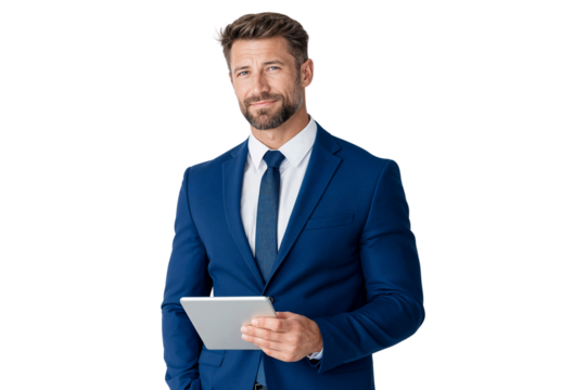 Businessman in a blue suit holding a tablet, concept of business, technology, and leadership. Isolated transparent png
