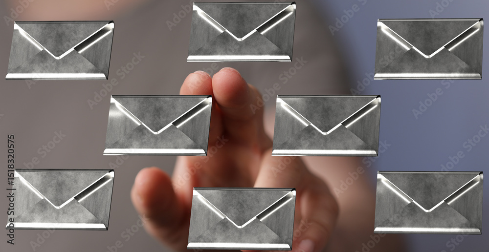 Poster Metallic email icons hover over a hand, symbolizing inbox management and digital communication.