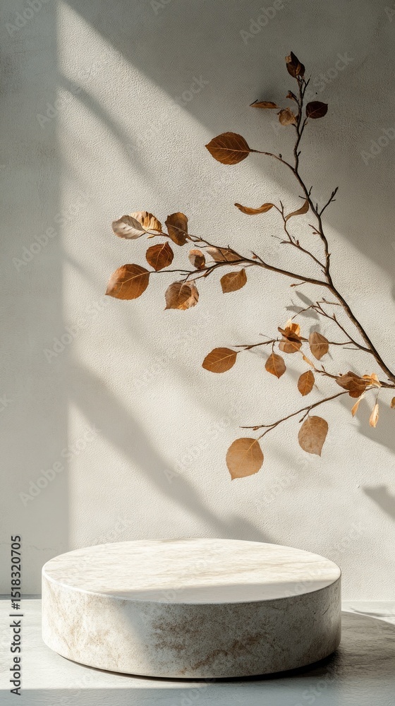Poster A circular stone pedestal supports dried leaves arranged in a delicate display. Soft afternoon light creates shadows on a smooth wall, adding depth to the minimalist setting