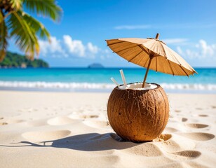Coconut on sand with a straw and umbrella, tropical sea in the background.