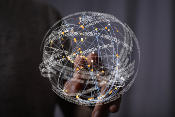 Abstract image of a person interacting with a digital sphere showing data connections and code.