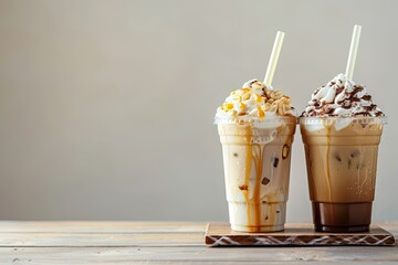 High Definition Picture of Icy Sugarcane Frappe and Iced Coffee in Takeaway Plastic Cups