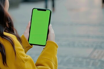 Vibrant Color Picture of Caucasian Woman Holding Mobile Phone with Green Screen
