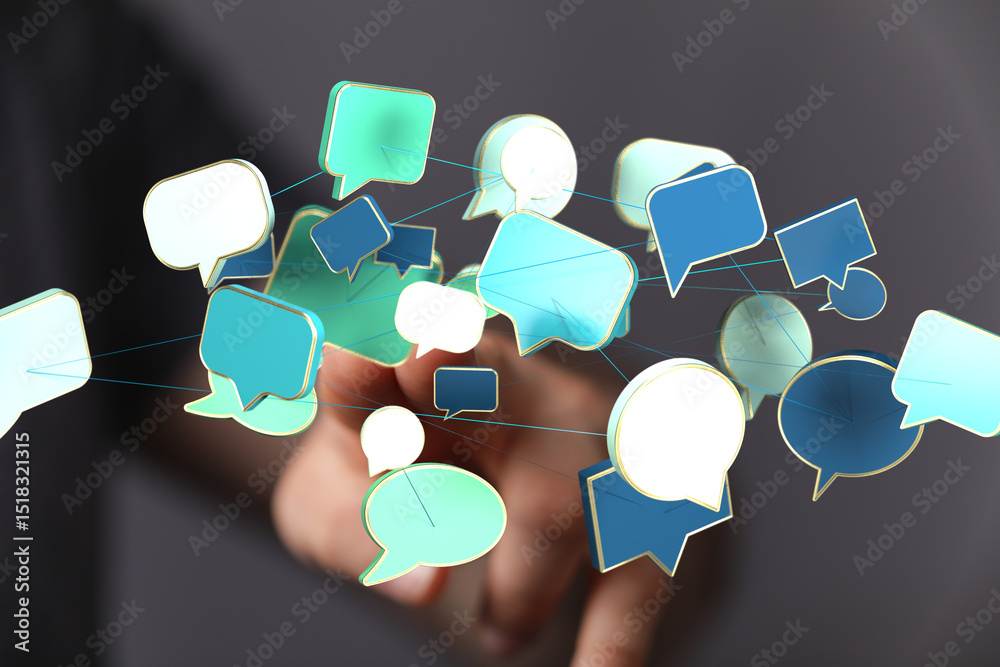 Poster abstract image of interconnected speech bubbles, symbolizing global communication and networking.