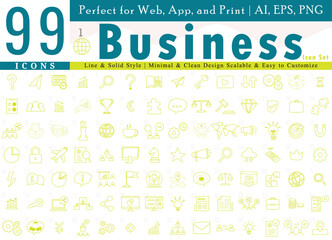 99 Business Icons Set Line and Solid Style Vector for Web and App Design