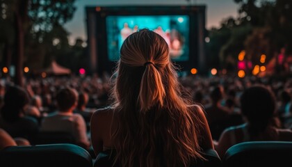 Woman immersed in a captivating film at a lively movie event, surrounded by an enthusiastic crowd.