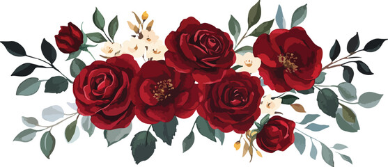 Elegant Floral Arrangement Featuring Deep Red Roses and Delicate White Flowers Complemented by Lush Green and Dark Gray Leaves Perfect for Wedding Invitations and