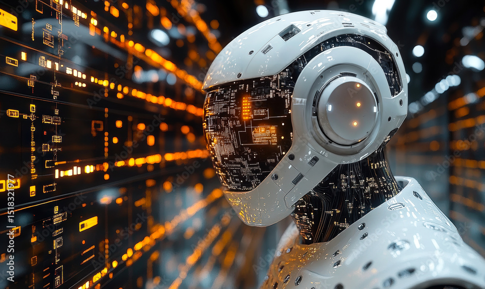 Poster futuristic white robot head with circuit board details analyzing glowing orange data streams in high