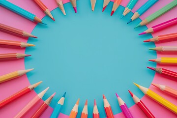 Sharp Picture of a Circle of Colored Pencils with a Blue Background