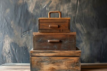 A Set of Three Wooden Boxes with a Wooden Handle and a Wooden Box on the Top