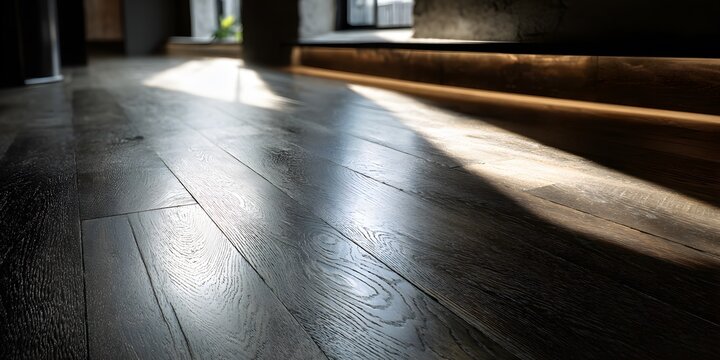 Dramatic Lighting on Dark Wood Floor Clean Texture and Warm Ambiance