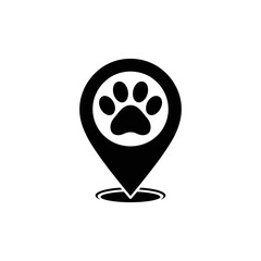 Paw Print Location Icon: An eye-level view of a black paw print location icon showcases a symbol of pet-friendly services, designed to help pet owners navigate the world of pet care.