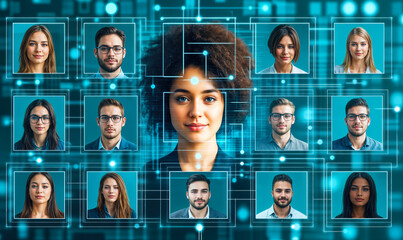 Facial recognition technology connecting diverse group of young adults in digital network for identification and human resource management