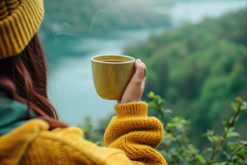 High Definition Image of Young Woman Holding a Cup of Hot Coffee and Showing Thumb Up