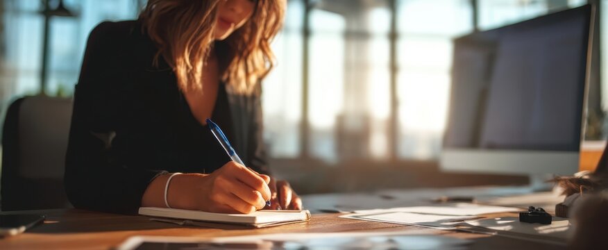 The focused woman writing notes in a modern office setting.