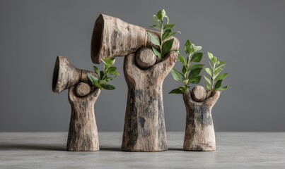 Wooden Hands Holding Megaphones with Greenery: A Symbol of Environmental Advocacy