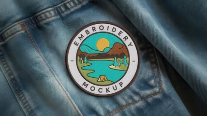Embroidery patch mockup of landscape view on denim jacket apparel design