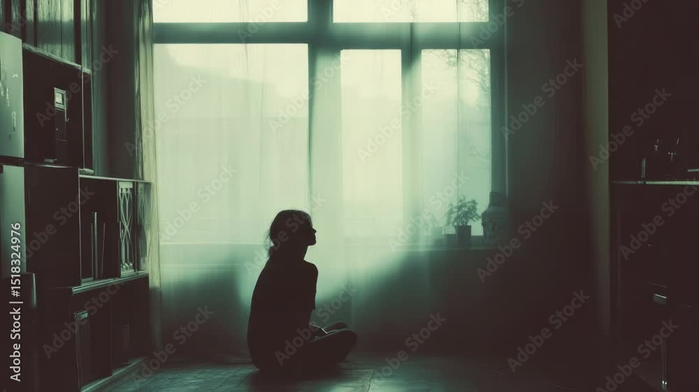 Poster A person sitting on the floor in front of a window, possibly contemplating or relaxing