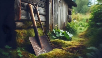 Old rusty garden spade leaning against a wooden shed with moss and overgrown grass around.