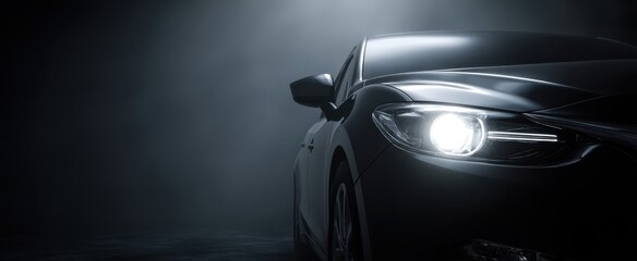 The sleek black car illuminated by dramatic headlights in a dark atmosphere.