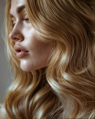 Naklejka premium Close-up side profile of blonde woman with wavy hair natural light soft skin elegant beauty calm expression
