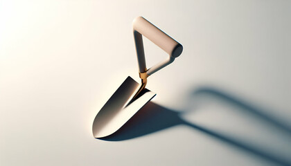 Minimalist 3D render of a modern garden spade isolated on white background with shadows.