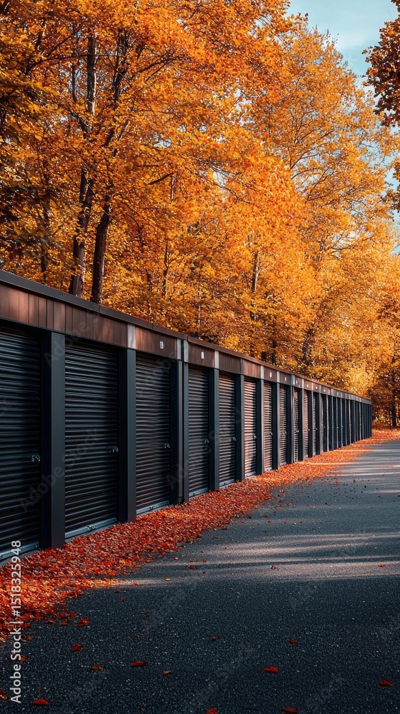 Poster storage units are aligned along a paved pathway, with bright orange and yellow leaves covering the g