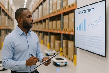adult african man analyzing inventory data in a modern warehouse using a clipboard while observing graphical reports and robotic assistants in the background