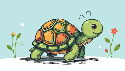 Playful Turtle Adventure in a Whimsical Garden Illustrative Artwork Bright and Colorful Environment Fun Concept