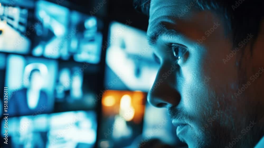 Poster a person monitoring multiple tvs in a dimly lit space, possibly for surveillance or research purpose