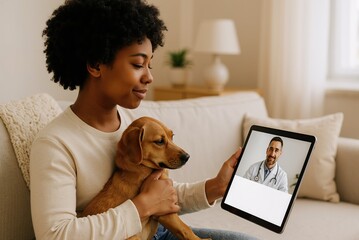 young woman discussing pet care with a veterinarian online while holding a small dog in a cozy living room setting