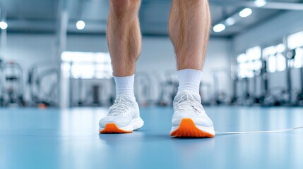 Man's Legs in White Sneakers at Gym