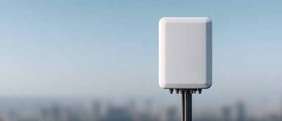 Wireless access point mounted on pole with blurred cityscape background under clear blue sky